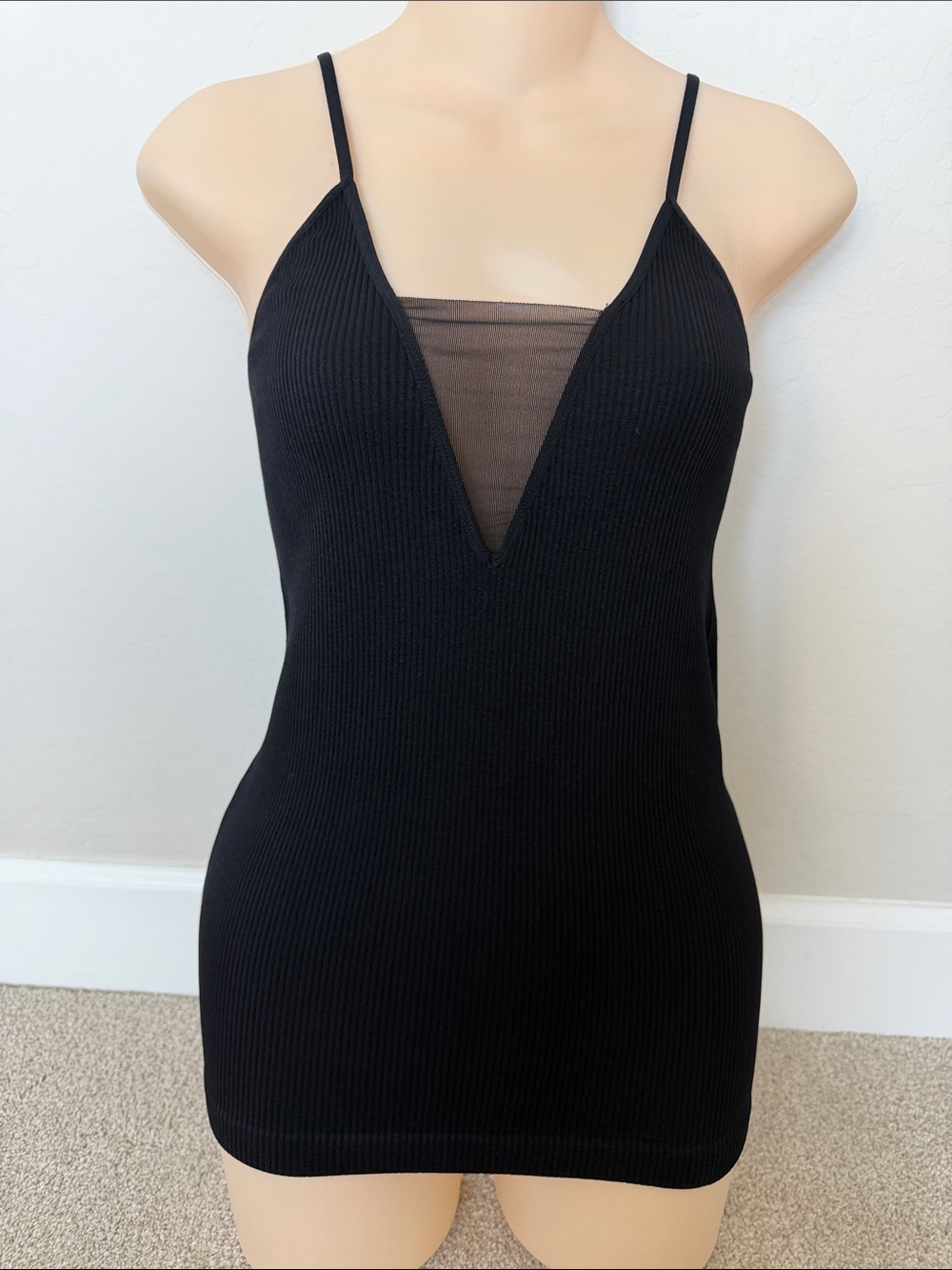 Free People Black Ribbed Mesh-Inset Cami - Picture 1 of 3